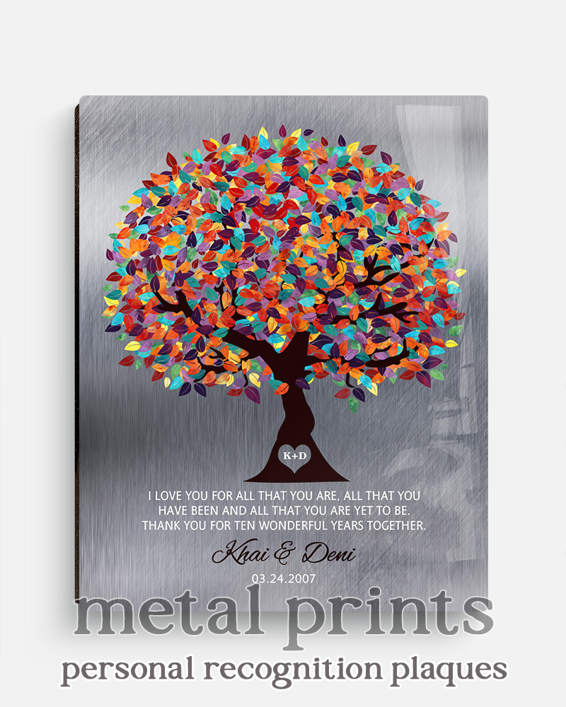 Custom metal art plaque celebrating the 10 year anniversary gift of tin