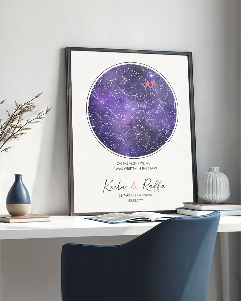 Purple star map of the night we met displayed on desktop