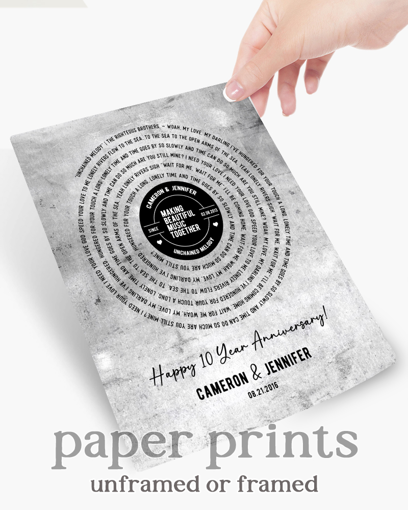 Custom song lyrics printed on a paper art print and ready for hanging