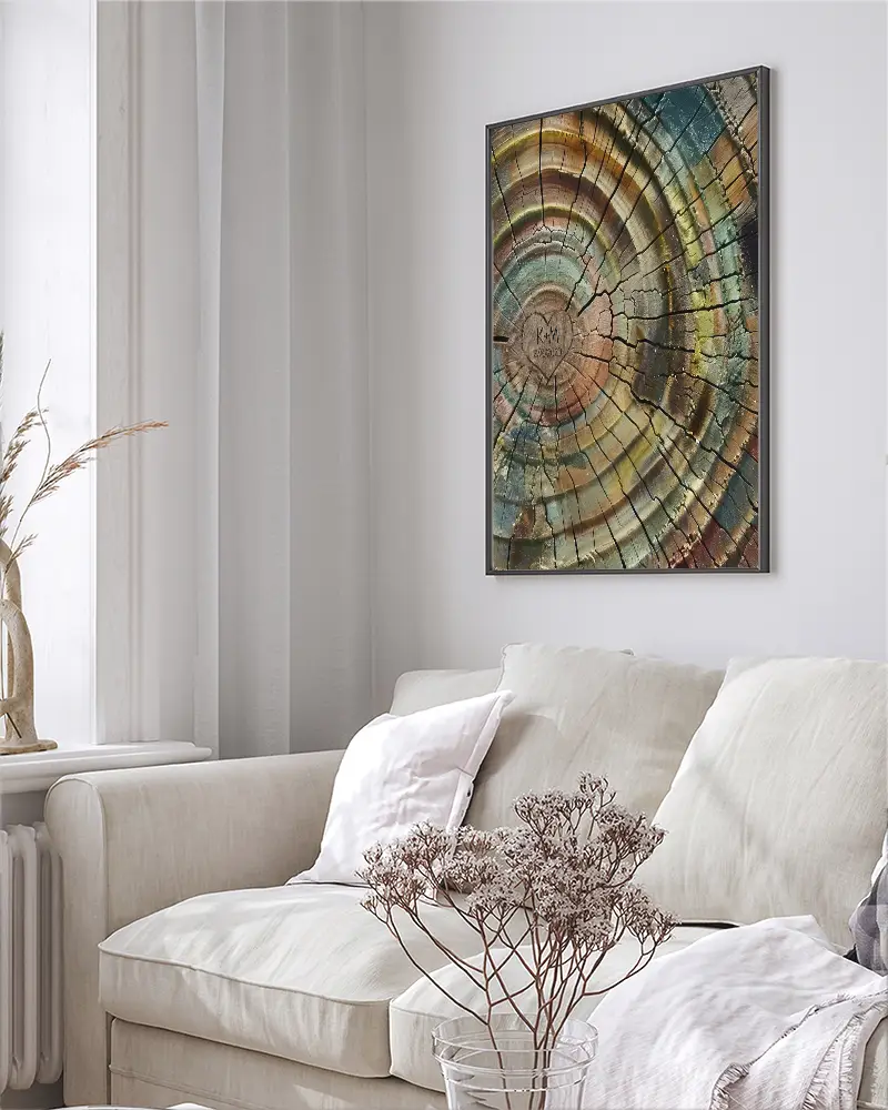 Colorful tree rings with custom carved initials inside the center